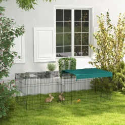 Parc enclos petits animaux - 2 portes, 3 trappes nourrissages, zone couverte - acier noir polyester vert