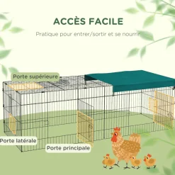 Parc enclos petits animaux - 2 portes, 3 trappes nourrissages, zone couverte - acier noir polyester vert