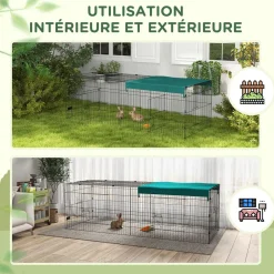 Parc enclos petits animaux - 2 portes, 3 trappes nourrissages, zone couverte - acier noir polyester vert