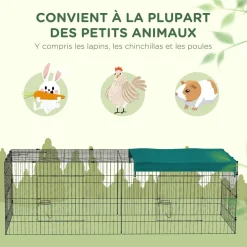 Parc enclos petits animaux - 2 portes, 3 trappes nourrissages, zone couverte - acier noir polyester vert