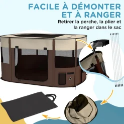 Parc pliable pour chien en tissu Oxford - fenêtres, portes en maille - sac de rangement - marron