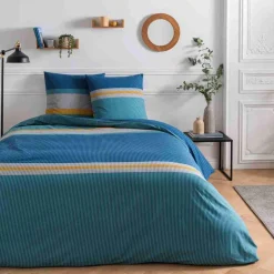 Parure de lit 2 personnes en coton 57 fils imprimé bleu