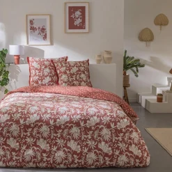Parure de lit 2 personnes en coton 57 fils imprimé terracotta
