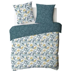 Parure de lit 2 personnes en coton 57 fils imprimé bleu