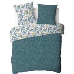 Parure de lit 2 personnes en coton 57 fils imprimé bleu