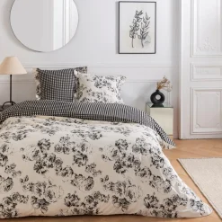 Parure de lit 2 personnes en coton 57 fils imprimé ecru