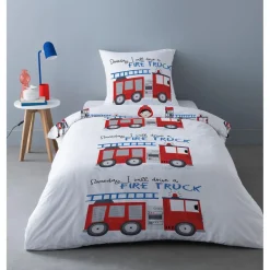 Parure de lit enfant design camion Freddy - 100% Coton - 140 x 200 cm - Blanc