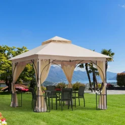 Pavillon de jardin tonnelle barnum style colonial double toit toiles moustiquaires amovibles zippées dim. 2,95L x 2,95l x 2,75H m beige noir