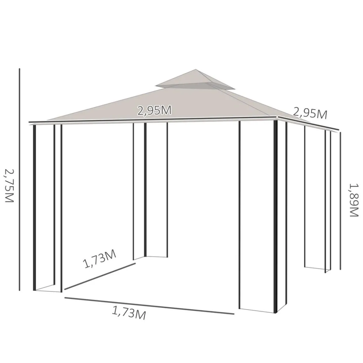 Pavillon de jardin tonnelle barnum style colonial double toit toiles moustiquaires amovibles zippées dim. 2,95L x 2,95l x 2,75H m beige noir