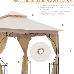 Pavillon de jardin tonnelle barnum style colonial double toit toiles moustiquaires amovibles zippées dim. 2,95L x 2,95l x 2,75H m beige noir
