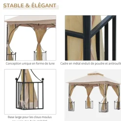 Pavillon de jardin tonnelle barnum style colonial double toit toiles moustiquaires amovibles zippées dim. 2,95L x 2,95l x 2,75H m beige noir