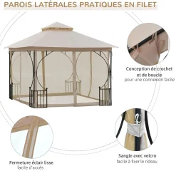 Pavillon de jardin tonnelle barnum style colonial double toit toiles moustiquaires amovibles zippées dim. 2,95L x 2,95l x 2,75H m beige noir