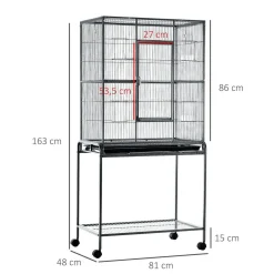 PawHut Cage à Oiseaux Portable avec 4 Mangeoires et 4 Perchoirs Pratique 81 x 48 x 163 cm Noir et Gris