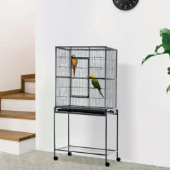 PawHut Cage à Oiseaux Portable avec 4 Mangeoires et 4 Perchoirs Pratique 81 x 48 x 163 cm Noir et Gris