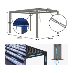 Pergola bioclimatique avec led Windsor premium en aluminium 3 x 4 - Taupe