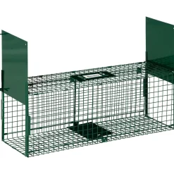 Piège de capture pour petits animaux type lapin rat - 2 entrées + poignée - dim. 80L x 25l x 30H cm - métal vert