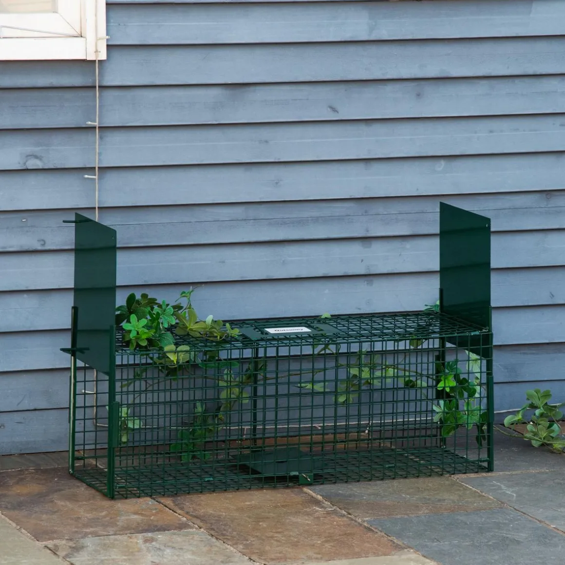 Piège de capture pour petits animaux type lapin rat - 2 entrées + poignée - dim. 80L x 25l x 30H cm - métal vert