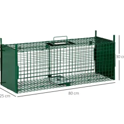 Piège de capture pour petits animaux type lapin rat - 2 entrées + poignée - dim. 80L x 25l x 30H cm - métal vert