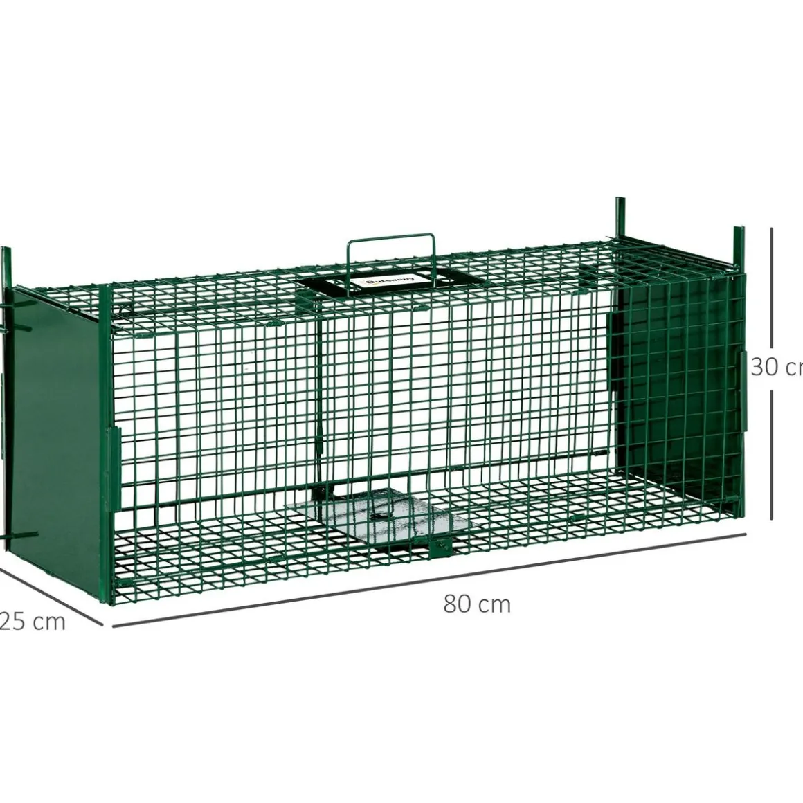 Piège de capture pour petits animaux type lapin rat - 2 entrées + poignée - dim. 80L x 25l x 30H cm - métal vert