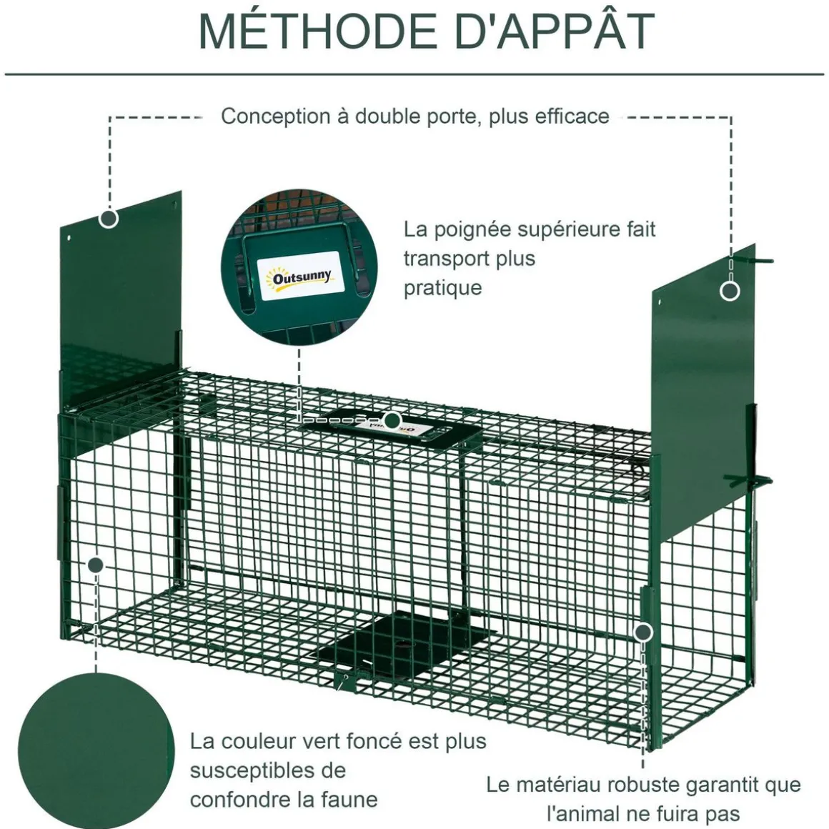 Piège de capture pour petits animaux type lapin rat - 2 entrées + poignée - dim. 80L x 25l x 30H cm - métal vert