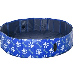Piscine pour chien bassin PVC pliable anti-glissant facile à nettoyer Ø 1,4 m hauteur 30 cm motifs os pattes bleu