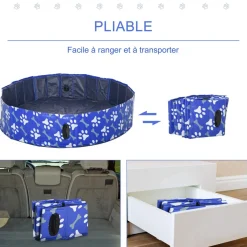 Piscine pour chien bassin PVC pliable anti-glissant facile à nettoyer Ø 1,4 m hauteur 30 cm motifs os pattes bleu