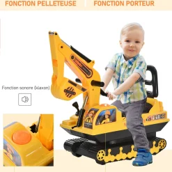 Porteur enfant tractopelle 12-36 mois coffre klaxon fonction pivotante jaune