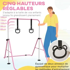 Portique d'anneaux double haubanage hauteur réglable dim. 148L x 105l x 88-128H cm acier rose