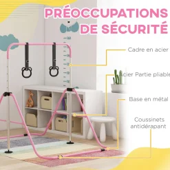 Portique d'anneaux double haubanage hauteur réglable dim. 148L x 105l x 88-128H cm acier rose