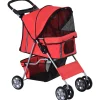 Poussette buggy pliable animaux chariot pliant chien chat porte-gobelet panier de rangement inclus roues avec frein tissu 600D Oxford métal rouge