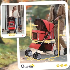 Poussette buggy pliable animaux chariot pliant chien chat porte-gobelet panier de rangement inclus roues avec frein tissu 600D Oxford métal rouge