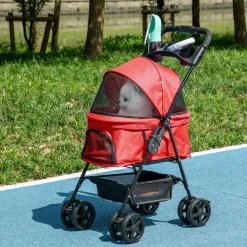 Poussette buggy pliable chien chat panier rangement porte-gobelets tissu 300D Oxford imperméable 4 roues rouge