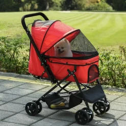 Poussette buggy pliable chien chat panier et sac de rangement attaches sécurité housse réglable poignée réglable acier Oxford rouge