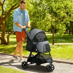 Poussette buggy pliable pour chien chat - 2 attaches, guidon réglable, panier - acier oxford gris