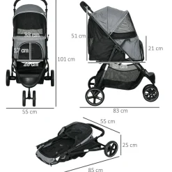 Poussette buggy pliable pour chien chat - 2 attaches, guidon réglable, panier - acier oxford gris