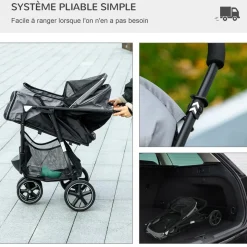 Poussette buggy pliable pour chien chat - 2 attaches, guidon réglable, panier - acier oxford gris