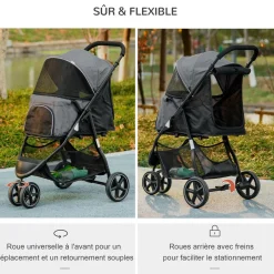 Poussette buggy pliable pour chien chat - 2 attaches, guidon réglable, panier - acier oxford gris