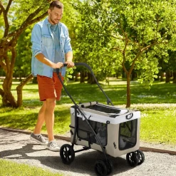 Poussette pliable animaux chien chat nacelle amovible 4 roues kaki