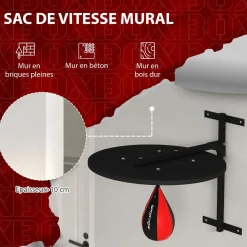 Punching ball poire de vitesse boxe avec support plateau tournant + pompe MDF acier revêtement synthétique rouge noir
