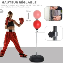 Punching ball sur pied réglable en hauteur 126-144 cm avec gants, pompe et base de lestage rouge