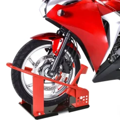 Rail de support universel pour moto - support béquille moto - bloque roue 8-15,5 cm - métal thermolaqué rouge noir