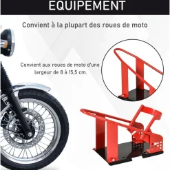 Rail de support universel pour moto - support béquille moto - bloque roue 8-15,5 cm - métal thermolaqué rouge noir