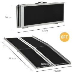 Rampe de fauteuil roulant rampe de chargement rampe d'accès antidérapante pliable avec bordures de sécurité max. 270 Kg dim. 183L x 73,5l cm alu. noir