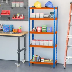 Rayonnage charges lourdes ou volumineuses - étagère garage - 5 tablettes réglables en hauteur - métal bleu orange MDF