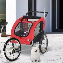 Remorque vélo jogger 2 en 1 pour animaux drapeau roue avant pivotante réflecteurs et barre d'attelage inclus rouge noir
