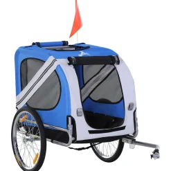 Remorque vélo pour chien animaux pliable 8 réflecteurs drapeau barre attelage inclus acier polyester imperméable max. 30 Kg 130L x 73l x 90H cm bleu blanc
