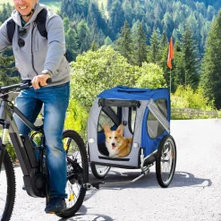 Remorque vélo pour chien animaux pliable 8 réflecteurs drapeau barre attelage inclus acier polyester imperméable max. 30 Kg 130L x 73l x 90H cm bleu blanc