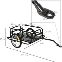 Remorque vélo remorque de transport pour vélo pliable 70L 139L x 71,5l x 49H cm barre d'attelage universelle acier noir