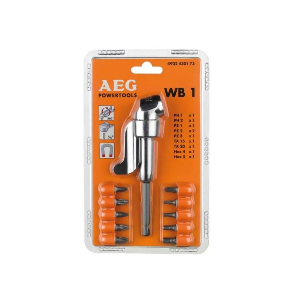 Renvoi d'angle WB1 et 10 embouts de vissage AEG 4932430173