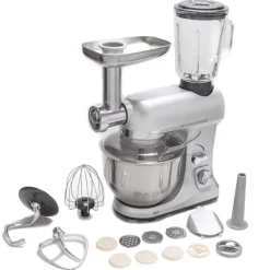 Robot multifonctions 5l 1000w silver avec hachoir et blender 1,5l en verre - robimix silver